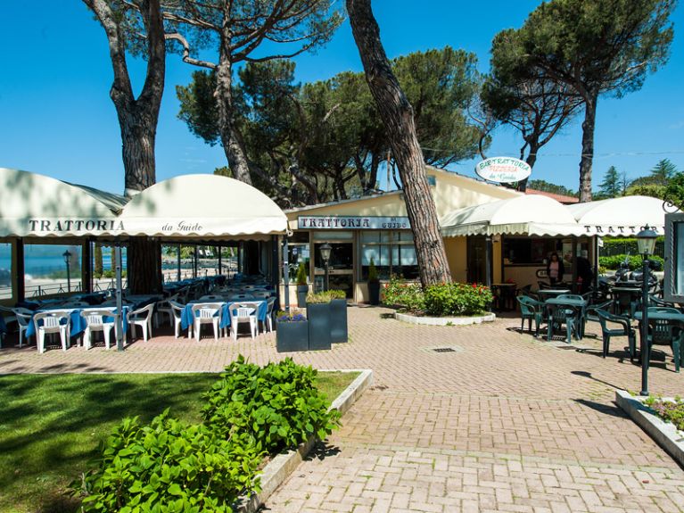 Trattoria all'aperto con tavoli e sedie sotto alberi.