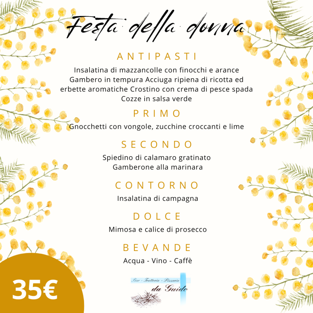 Menù Festa della Donna con decorazioni floreali e prezzo.
