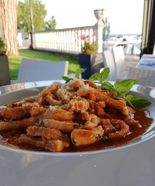 Piatto di trippa al sugo con formaggio grattugiato.